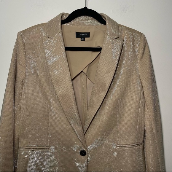 Tahari ASL Women’s Gold Blazer Size 14 Shiny Metallic Textured office blazer - Picture 3 of 15